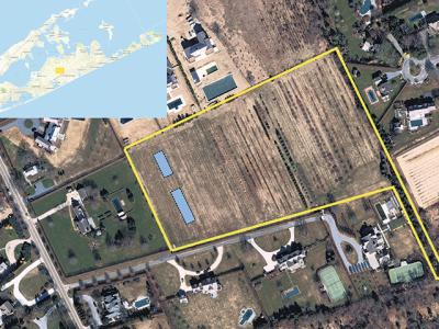 Adam Shapiro, a founder of East Rock Capital, wants permission to build worker housing, in blue, and a greenhouse on preserved farmland he owns near his house on Butter Lane in Bridgehampton.