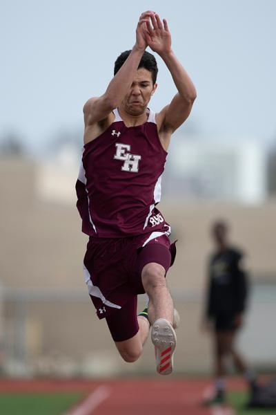 Matt Maya was a triple-winner in Monday’s boys track meet here with Wyandanch, in the long jump (above), the high jump, and the 110-meter high hurdles.