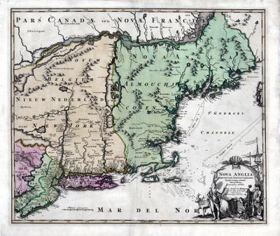 This 1716 map of New England, New York, and New Jersey actually covers a wider area, ranging from Canada to Delaware Bay, and from Philadelphia to Nova Scotia.