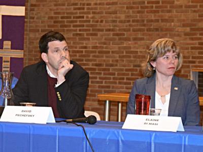 David Pechefsky and Elaine DiMasi, each in a Democratic primary bid to opposed Representative Lee Zeldin in November, at a candidates' forum in Amagansett on Friday.