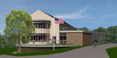 An architectural rendering shows a proposed one-story addition on the east side of the Montauk Library.