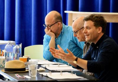 Jeffrey Bean, Mark Blum, and Vince Nappo rehearsed scenes in New York City for “Fellow Travelers,” which opens on Tuesday at Bay Street Theater in Sag Harbor.