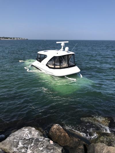 Two people were rescued off a boat after it hit the west side of the Montauk jetty Thursday night. They were not injured.