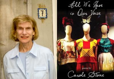 Carole Stone and the cover of her latest collection, due out on Aug. 25 from Dos Madres Press.