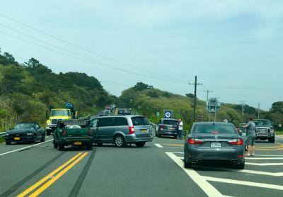 James F. Regan, 51, of Garden City, the driver of a 2014 Chrysler van, was ticketed for failing to yield the right of way at the intersection of Old Montauk and Montauk Highways on Sunday. The van crashed into a Chevrolet pickup driven by John Pelaez, 53, of Montauk, who complained of pain but was not taken to the hospital.