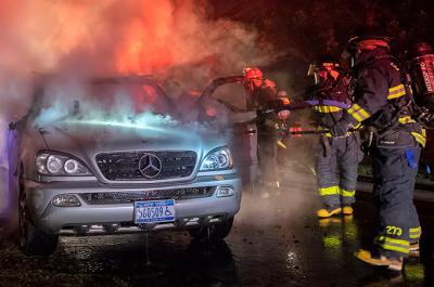 Firefighters cooled down a burning Mercedes on Monday night in East Hampton.