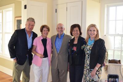 Loida Lewis, second from right, hosted a fund-raiser for Perry Gershon, center, the Democratic candidate for Congress from East Hampton. Among those on hand were, from left, Alec Baldwin, Alice Tepper Marlin, and Representative Carolyn Maloney.