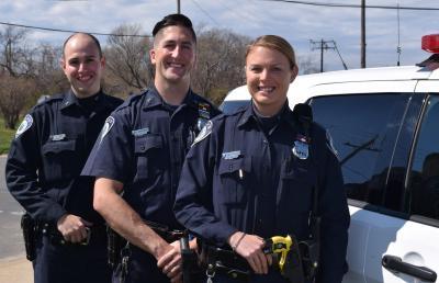 From left, East Hampton Town Police Officers Joseph Izzo, Frank Sokolowski, and Katie Izzo, were credited with saving a life in April, were among the officers recognized this week.