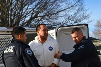 Mauro Pacheco, accused of sodomizing a Springs woman, was brought into East Hampton Town Justice Court by East Hampton Town police officers on Saturday.