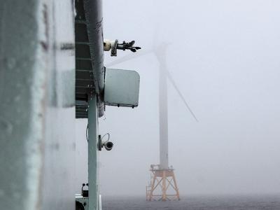 One of Deepwater Wind's Block Island electricity generating turbines. The company is involved in a large project that has stirred some resistance in East Hampton.