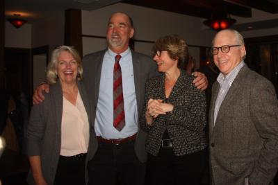 Councilman Peter Van Scoyoc, second from left, celebrated his supervisor win with fellow Democrats, Councilwoman Sylvia Overby, left, Councilwoman Kathee Burke-Gonzalez, and newly elected town board member Jeff Bragman, at Rowdy Hall in East Hampton Tuesday night.