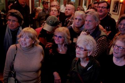 Jeanne Frankl, second from right, a co-chairwoman of the East Hampton Town Democratic Committee, watched Election Night results at Rowdy Hall. Ms. Frankl said this week she is pleased with the Democrats’ strong showing in November, but hopes a greater percentage of people will see the importance of voting in local elections.