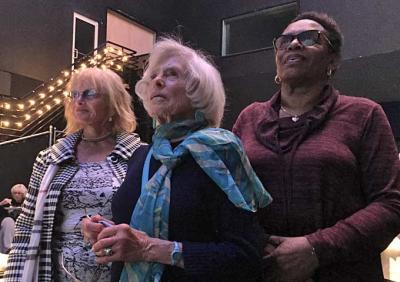 From left, Rona Klopman, an active member of the East Hampton Democratic Committee, along with Betty Mazur, the committee's vice chairwoman, and Audrey Gaines, an East Hampton resident who heads the East Hampton Town Anti-Bias Task Force, were among those who watched the election results at an East Hampton Democratic Committee gathering on Tuesday night at LTV Studios.