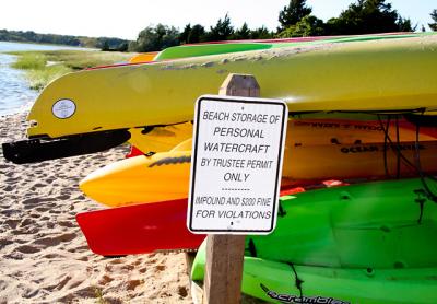 The East Hampton Town Trustees have racks to house 40 kayaks at the end of Gerard Drive in Springs.