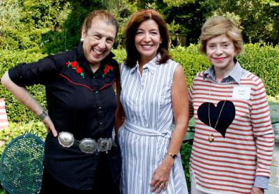 Democratic candidates for state office made a pass through the South Fork last weekend. Above, Patti Kenner, left, and Judith Hope, right, hosted a breakfast in East Hampton on Saturday for Lt. Gov. Kathy Hochul, center, who is seeking re-election.