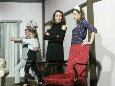 Left to right, Matthew Conlon, Amanda Griemsmann, Rosemary Cline, and Rebecca Edana rehearsed a scene from the farce “Don’t Dress for Dinner,” opening next Thursday at the Hampton Theatre Company in Quogue.