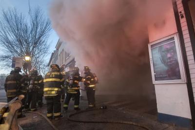 Smoke was billowing out the front of the Sag Harbor Cinema on the morning of Dec. 16 in what would be the worst fire on the South Fork in 22 years.