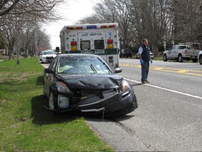 A Nissan Altima suffered front-end damage after an accident in the intersection of Pantigo Road and Pantigo Place in East Hampton Tuesday morning.