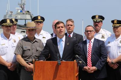 Suffolk County District Attorney Timothy D. Sini was joined by top law enforcement officials from across the East End at a press conference in Hampton Bays Friday to announce an enhanced D.W.I. enforcement effort this weekend.