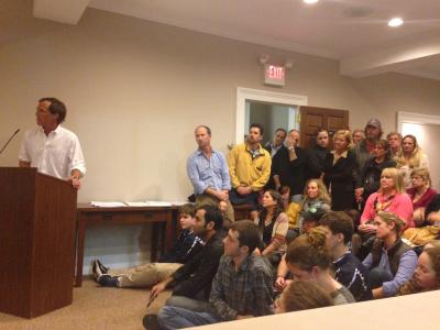 The crowd to support the Breakwater Yacht Club packed the Village Hall meeting room and spilled out into the hallway and down the stairs on