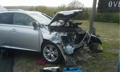 One of the cars involved in the two-car accident at the west overlook in Montauk on Monday afternoon suffered significant front-end damage.