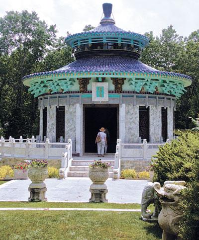 Although the replica of a Beijing temple looms over the garden, it is much smaller than the one it was modeled on.