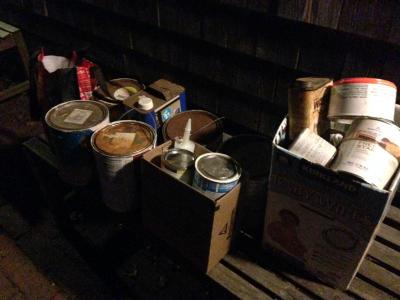 An assortment of old paint and household chemicals of the kinds accepted at East Hampton Town hazardous material collection events