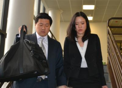 Jason Lee and his wife, Alicia, at the courthouse in Riverside on Tuesday