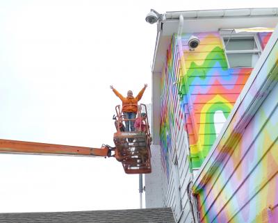 Jen Stark spent much of last week painting the sides of the Surf Lodge in Montauk as part of her installation for Eric Firestone.