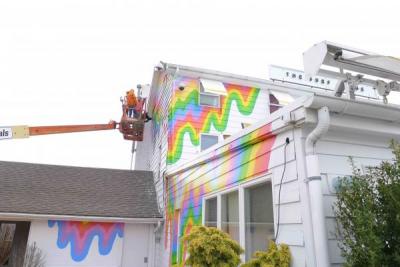 Jen Stark painted the sides of the Surf Lodge in Montauk as part of her installation for Eric Firestone before Memorial Day weekend. The Surf Lodge was accused of violating the East Hampton Town code.