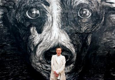 Laurie Anderson was captured at Guild Hall recently in front of her monumental drawing “June 5th,” from her series “Lolabelle in the Bardo.”