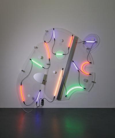 Keith Sonnier’s “Lobbed Shape,” above, from 2013 and made in Bridgehampton, uses acrylic and wire as well as neon to provide its expressive energy. Below, “Ba-O-Ba V,” a 1970 work, contains the early genetic material that would spawn the works the artist created last year.