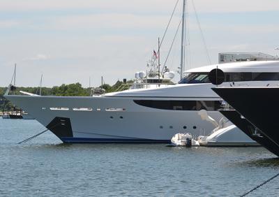 Come July, the yachts line up off Long Wharf in Sag Harbor.