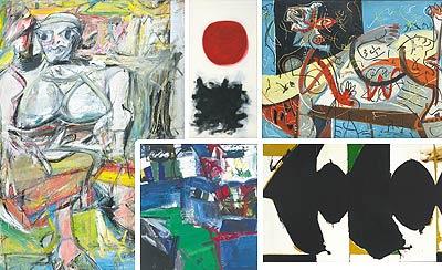 The Museum of Modern Art’s exhibit of Abstract Expressionists offers a chance to see paintings from its collection that are rarely shown. Some of the familiar and unfamiliar works on view include, clockwise from top right, Jackson Pollock’s “Stenographic Figure,” from 1942, Robert Motherwell’s “Elegy to the Spanish Republic, 108,” from 1965-67, Grace Hartigan’s “Shinnecock Canal,” from 1957, Willem de Kooning’s “Woman I,” from 1950-52, and Adolph Gottlieb’s “Blast, I,” from 1957.