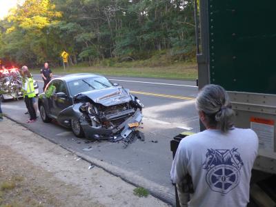 Sun glare may have contributed to an accident on Route 114 in East Hampton Friday evening, in which a Volkswagen Beetle smashed into the back of a tractor-trailer.