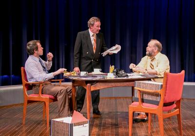 Christian Conn, Daniel Gerroll, and Brian Keane in a scene from “Frost/Nixon” at Bay Street Theater.