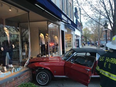 A 1968 Mustang smashed into the Henry Lehr store in Sag Harbor Thursday evening.