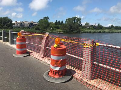 Sagaponack Village officials closed the Bridge Lane bridge as a precaution after a pickup truck hit a railing on Monday.