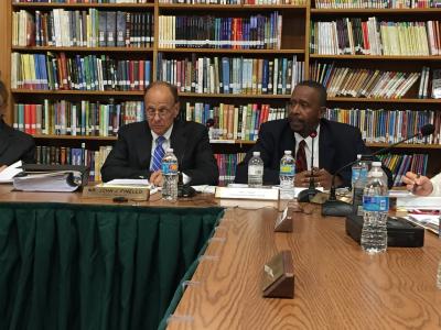 John J. Finello, left, the Springs School superintendent, and Carl Fraser, right, the district's interim business administrator, broke down the Springs School District's next steps on its facilities plan during the Oct. 19 school board meeting.