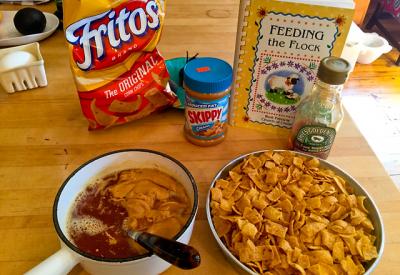 A four-ingredient “flock pleaser” (depending on the flock) made with common pantry items, Frito candy is a decadent salty, fatty, sweet, and crunchy treat.