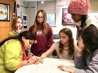 Eakta Gandhi, a henna artist based in Riverhead, visited the Montauk Library last week, where over 30 girls lined up to have their hands painted with mehndi, an Indian tradition that dates back several thousand years, and one that Ms. Gandhi learned as a girl in India.