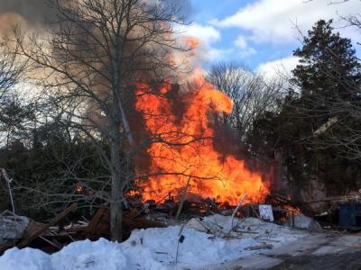 An explosion at a house at 21 Old Country Road in Water Mill left two seriously injured on Feb. 11, 2015.