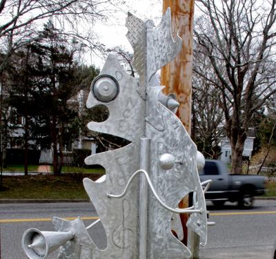 This sculpture by Steve Zaluski, which was placed in front of the new Mannix Studio of Art on Gingerbread Lane, will have to be removed, the East Hampton Village Design Review Board ruled on Wednesday.