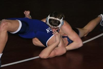 The Bonackers pinned five Huntington opponents here on Jan. 25. Among the pinners was Dallas Foglia, at 152.