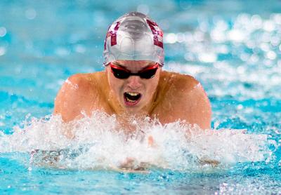 Ryan Duryea, who won the 50 freestyle and the 100 breaststroke (above), also anchored the winning 400 free relay team in Monday’s win — East Hampton’s eighth in a row — over Sayville-Bayport.