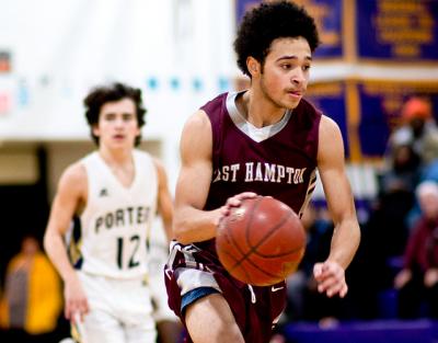 East Hampton knocked down 10 3-pointers in Saturday’s nonleague boys basketball game at Greenport, and Malachi Miller, above, had four of them.