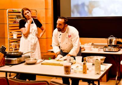 Chef Nicholas Poulmentis rolled out goat cheese gnocchi dough on Friday at the Food Lab conference.