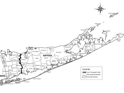 A possible dividing line for a new area code in Suffolk would be along the western borders of Smithtown, Central Islip, and Islip.