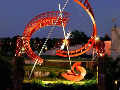 “Ghost Ballet for the East Bank Machineworks” by Alice Aycock, as seen at night.