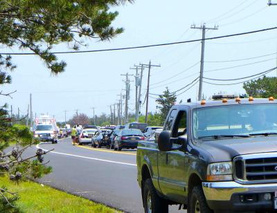 Traffic was backed up headed east after an accident in front of the Lobster Roll restaurant that left a bicyclist with serious injuries on Sunday.